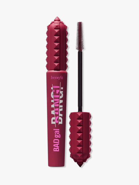 Benefit Cosmetics BadGal Bang! Volumizing Mascara in Wild Plum in branded component on a light gray background